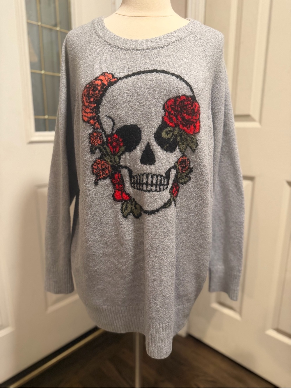torrid Gray Skull Sweater with Red Rose Accents